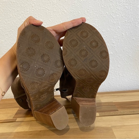 UGG Bootie Valencia Chestnut Brown Suede Leather Peep Toe Stacked Heel Size 7.5 - Picture 6 of 13